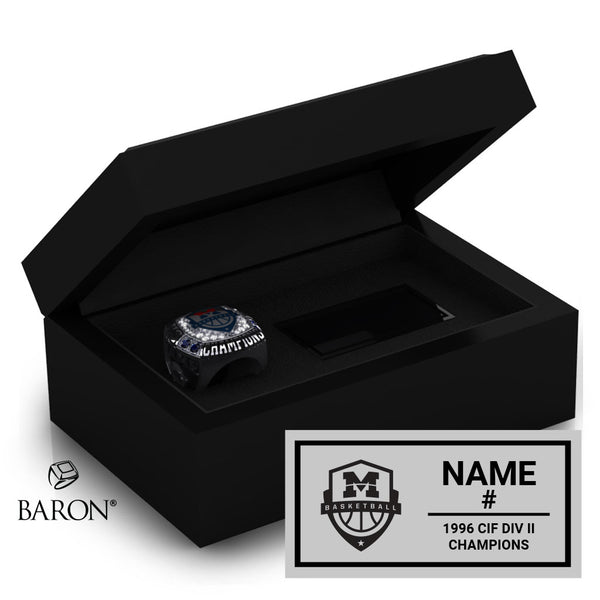 Montgomery High School Boys Basketball 1996 Championship Black Standard Window Ring Box