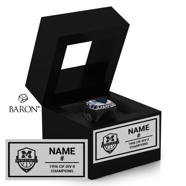 Montgomery High School Boys Basketball 1996 Championship Black Window Ring Box