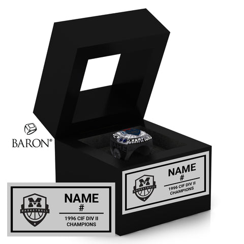 Montgomery High School Boys Basketball 1996 Championship Black Window Ring Box